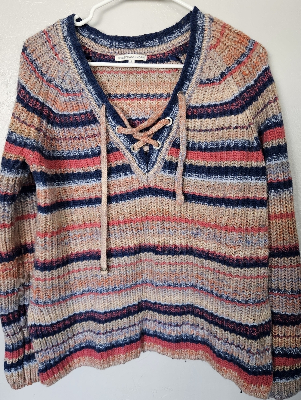 Rebecca Minkoff Striped Lace-Up V-Neck Women’s Small Sweater Pink Blue Beige